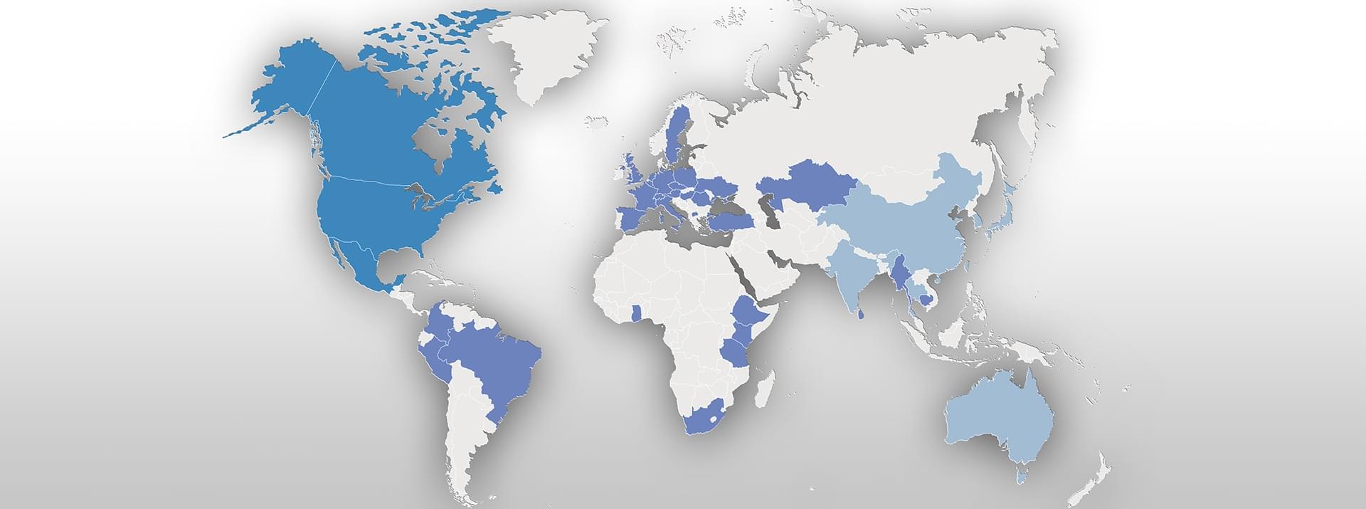 Weltkarte mit Knorr-Bremse Global Care Regionen und Projektländern