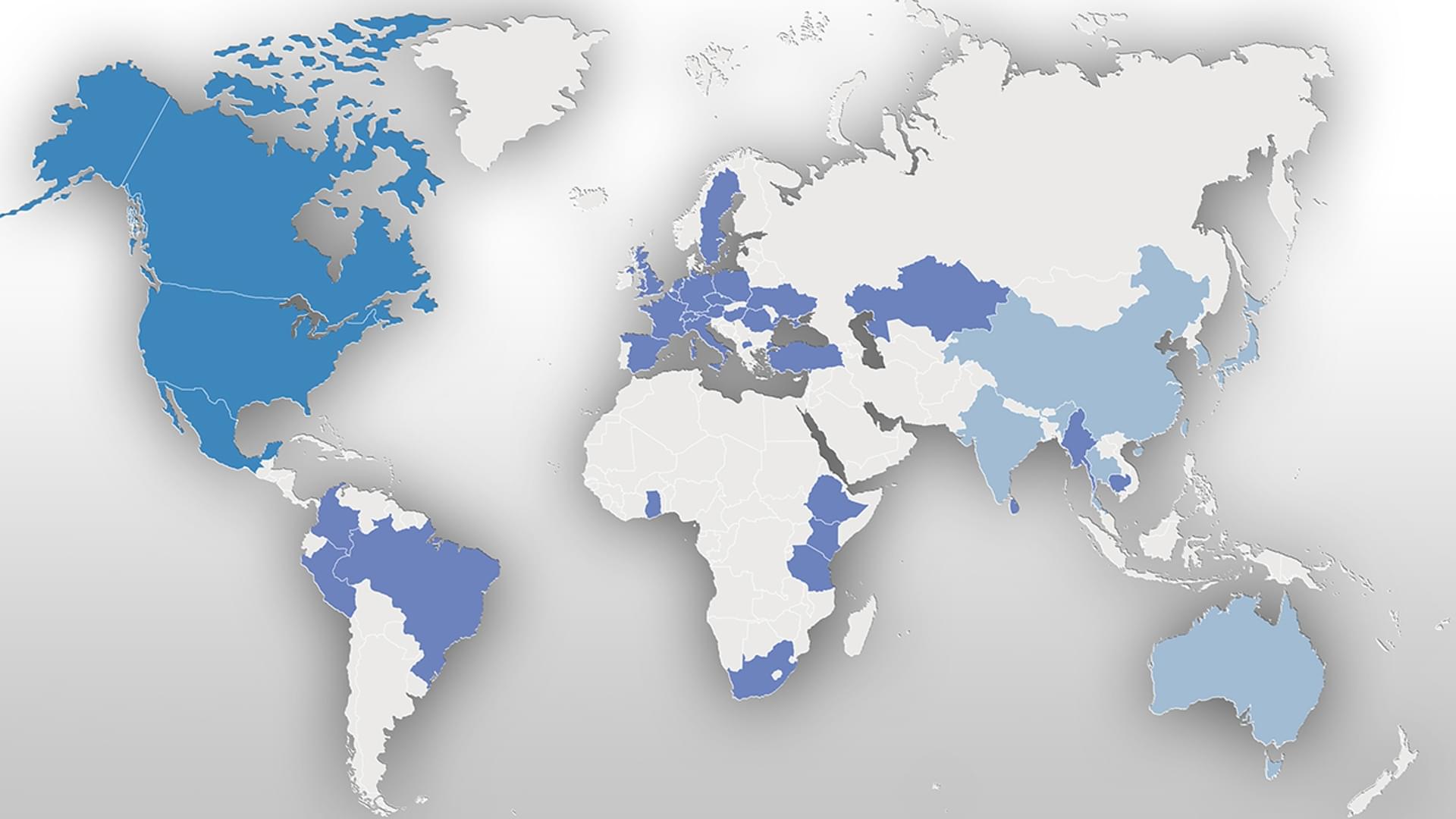 World Map with Knorr-Bremse Global Care regions and projects countries